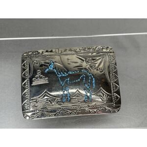 Horse Navajo Turquoise Coral Inlay Belt Buckle WCB Signed Vintage